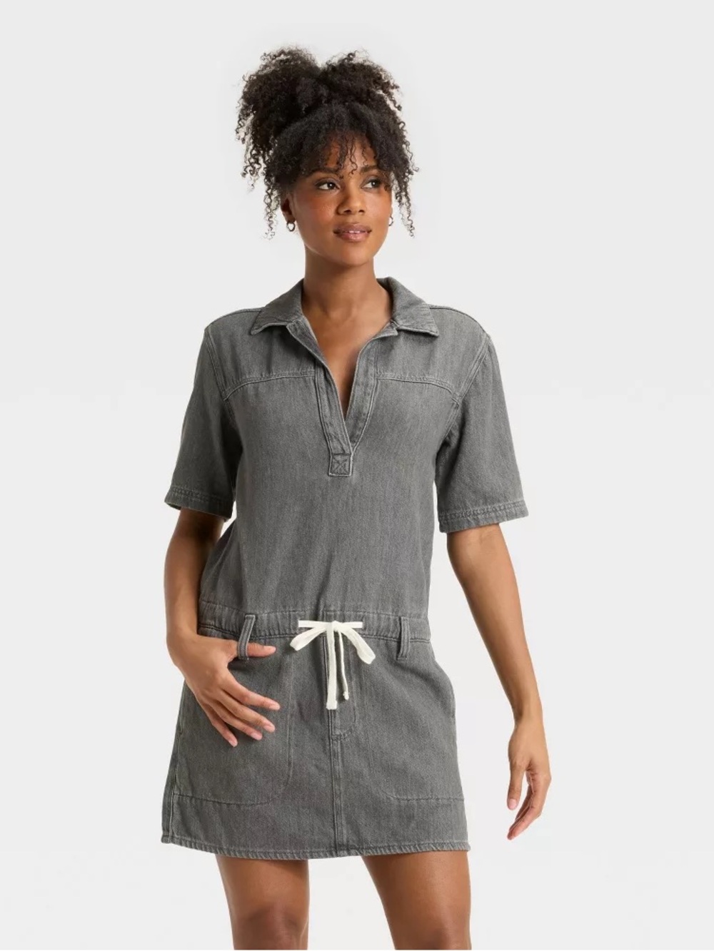 NWT Women's Short Sleeve Drop Waist Drawstring Mini Dress - Coastal Utility Chic